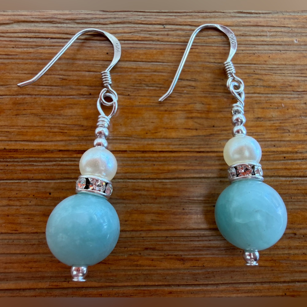 Amazonite and Pearl Handmade Earrings on .925 Sterling Silver Hooks
